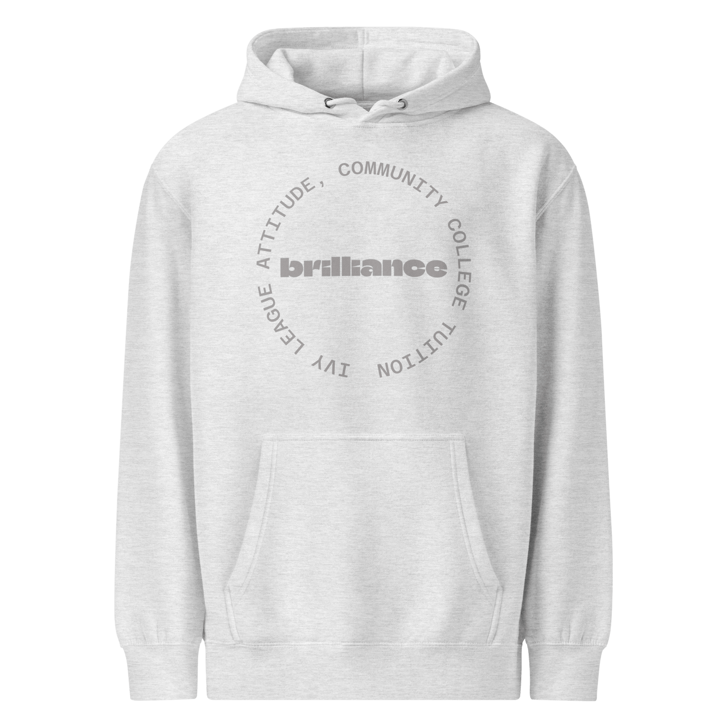 Personalized Campus Circle Hoodie – Bold Center Word + Custom Ring Text in gray with "brilliance" in center.