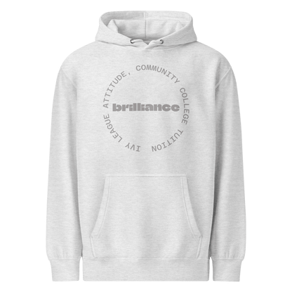 Personalized Campus Circle Hoodie – Bold Center Word + Custom Ring Text in gray with "brilliance" in center.