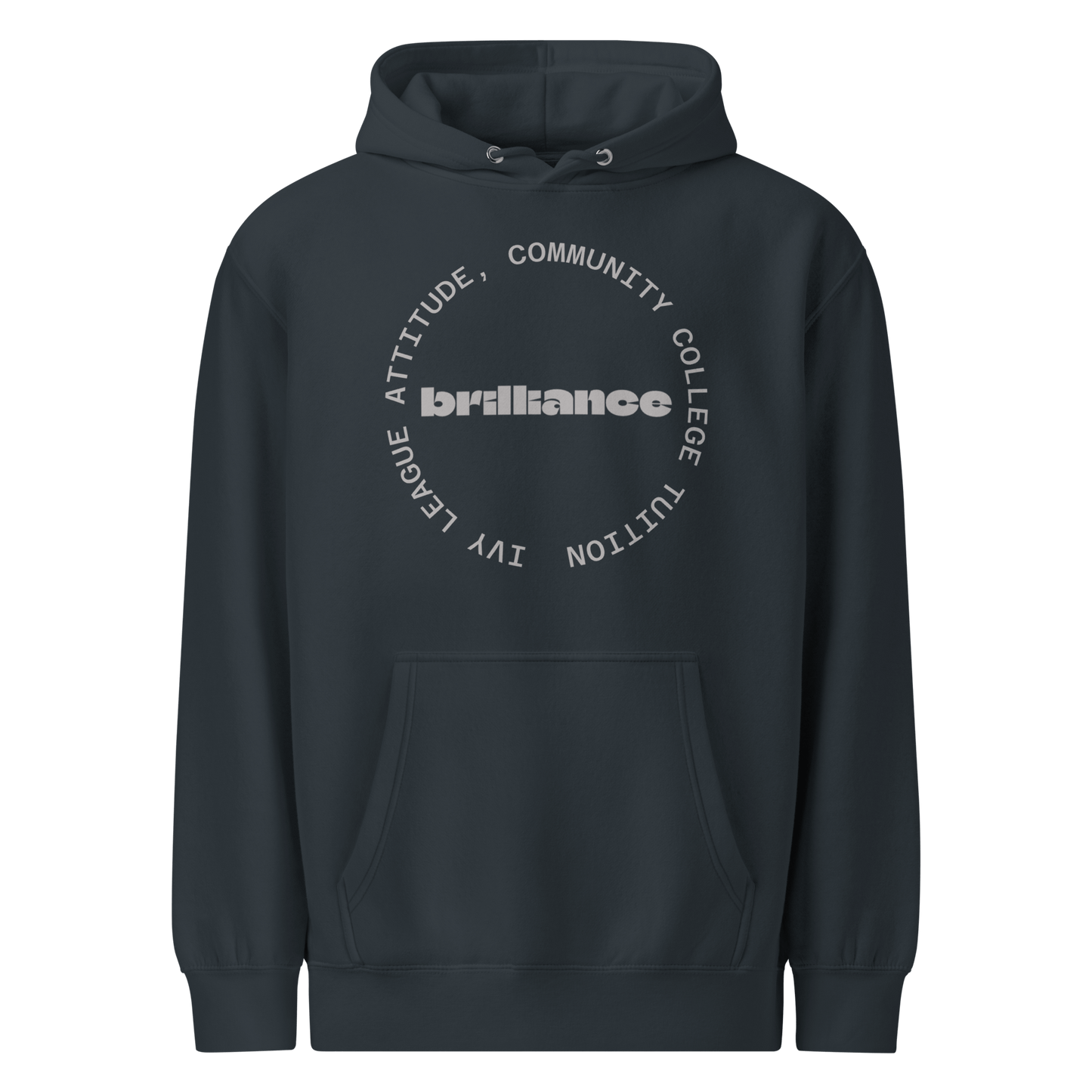 Personalized Campus Circle Hoodie – Bold Center Word + Custom Ring Text featuring the word 'brilliance' surrounded by custom text.