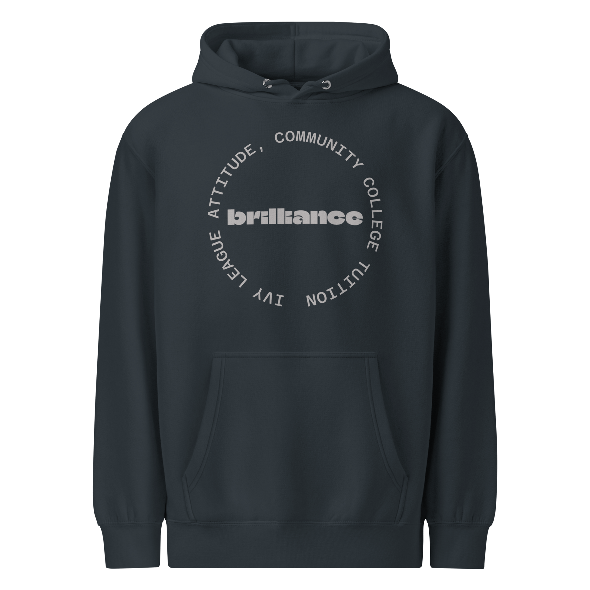 Personalized Campus Circle Hoodie – Bold Center Word + Custom Ring Text featuring the word 'brilliance' surrounded by custom text.