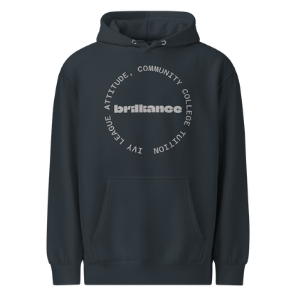 Personalized Campus Circle Hoodie – Bold Center Word + Custom Ring Text featuring the word 'brilliance' surrounded by custom text.