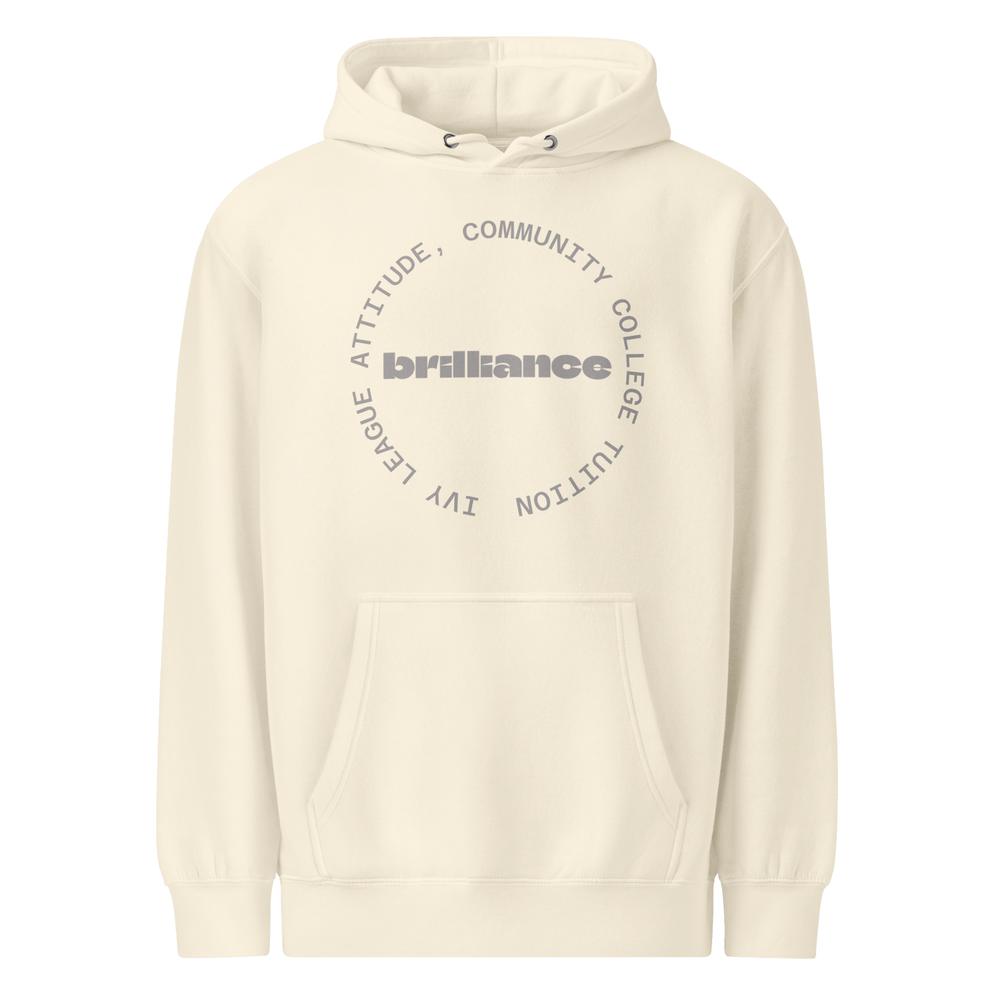 Personalized Campus Circle Hoodie – Bold Center Word + Custom Ring Text in cream color with custom text design.
