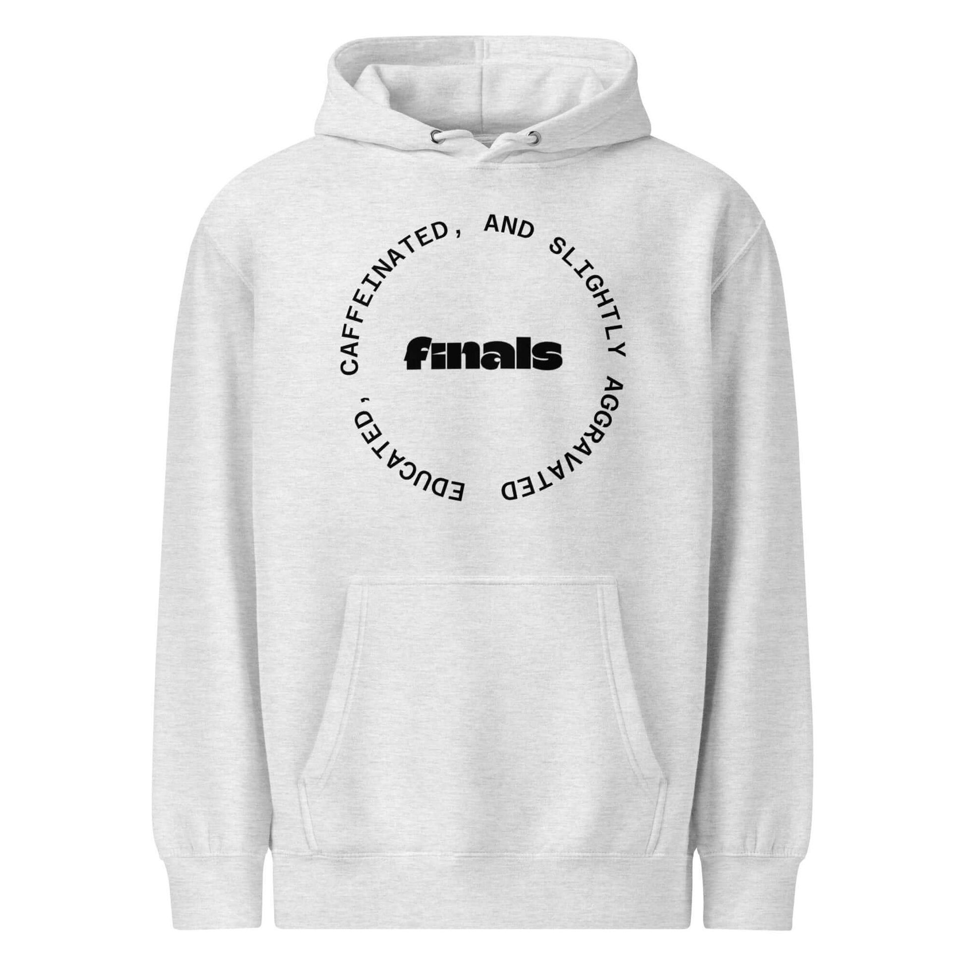 Personalized Campus Circle Hoodie – Bold Center Word + Custom Ring Text featuring 'Caffeinated and Slightly Aggravated' design.