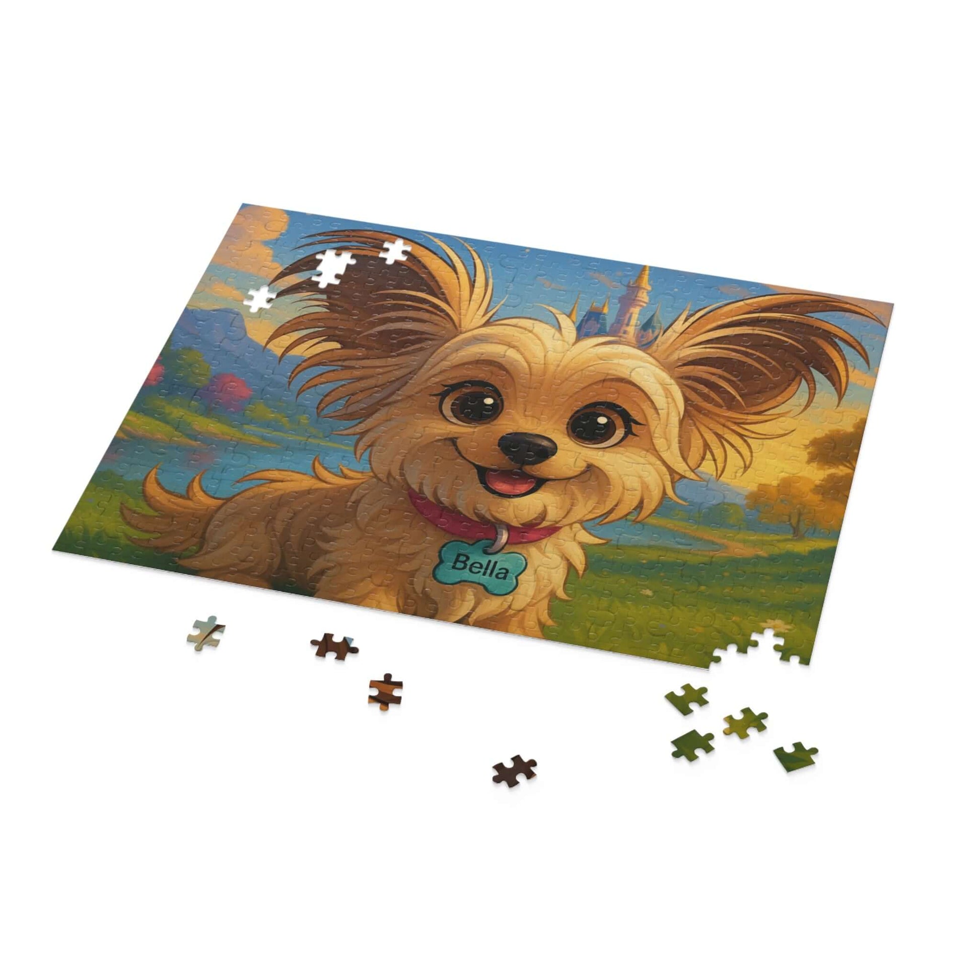 Personalized cartoon puzzle of a happy dog named Bella with pieces scattered around on a colorful background.