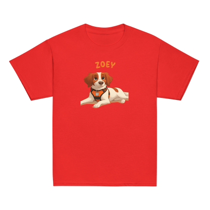 Personalized red kids shirt featuring cartoon illustration of a dog named Zoey, perfect for pet lovers.