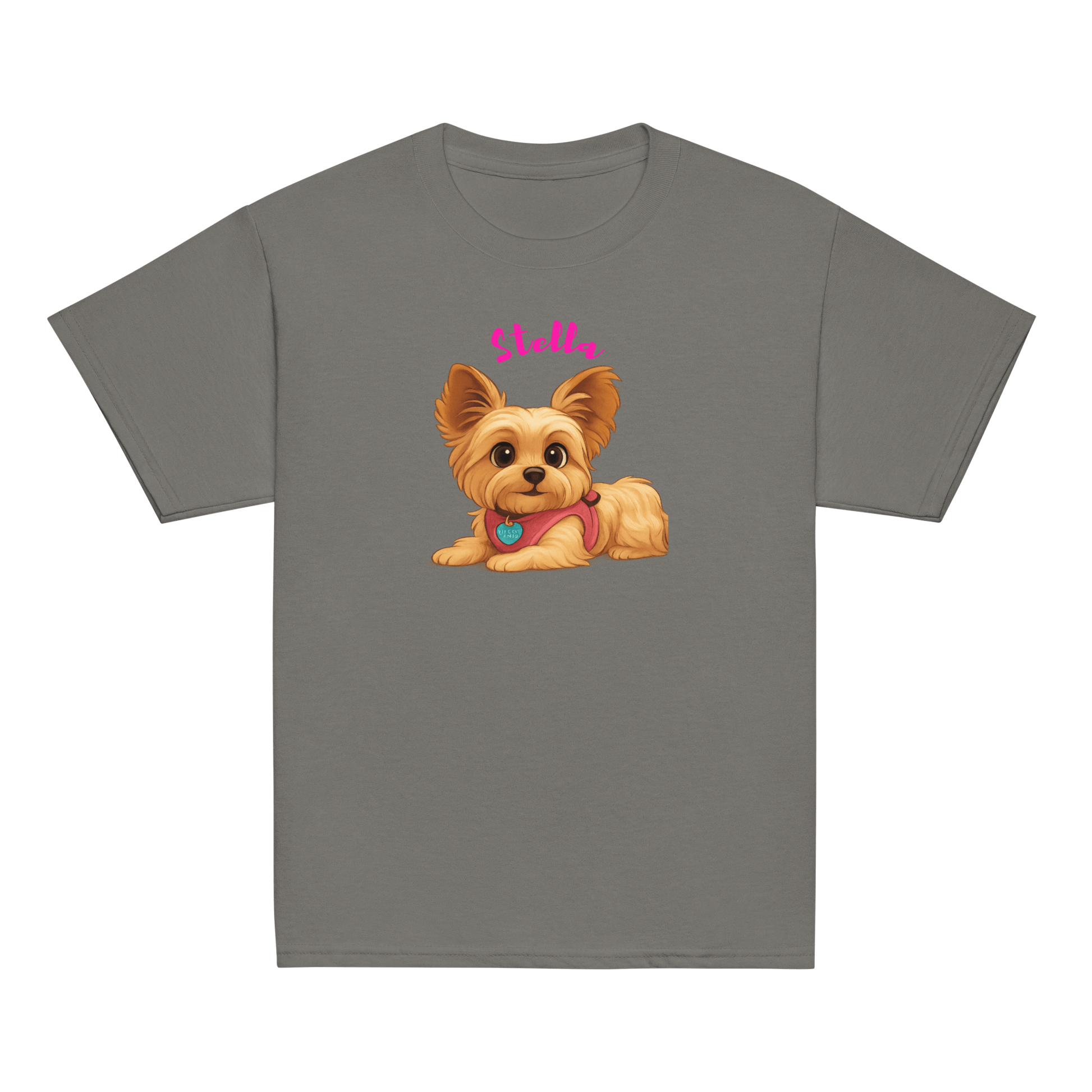 Personalized Cartoon Pet Shirt for Kids featuring a cute illustration of a Yorkie named Stella on a gray tee.
