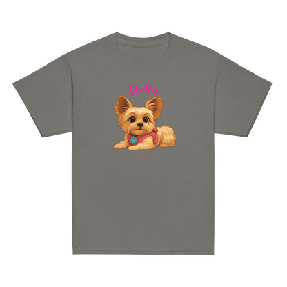 Personalized Cartoon Pet Shirt for Kids featuring a cute illustration of a Yorkie named Stella on a gray tee.