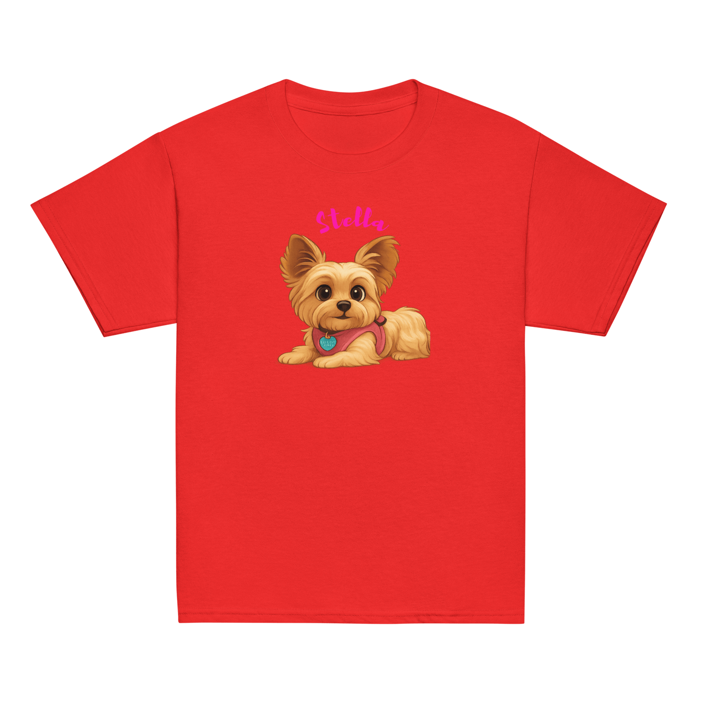 Personalized red kid's shirt featuring a cartoon illustration of a pet named Stella.