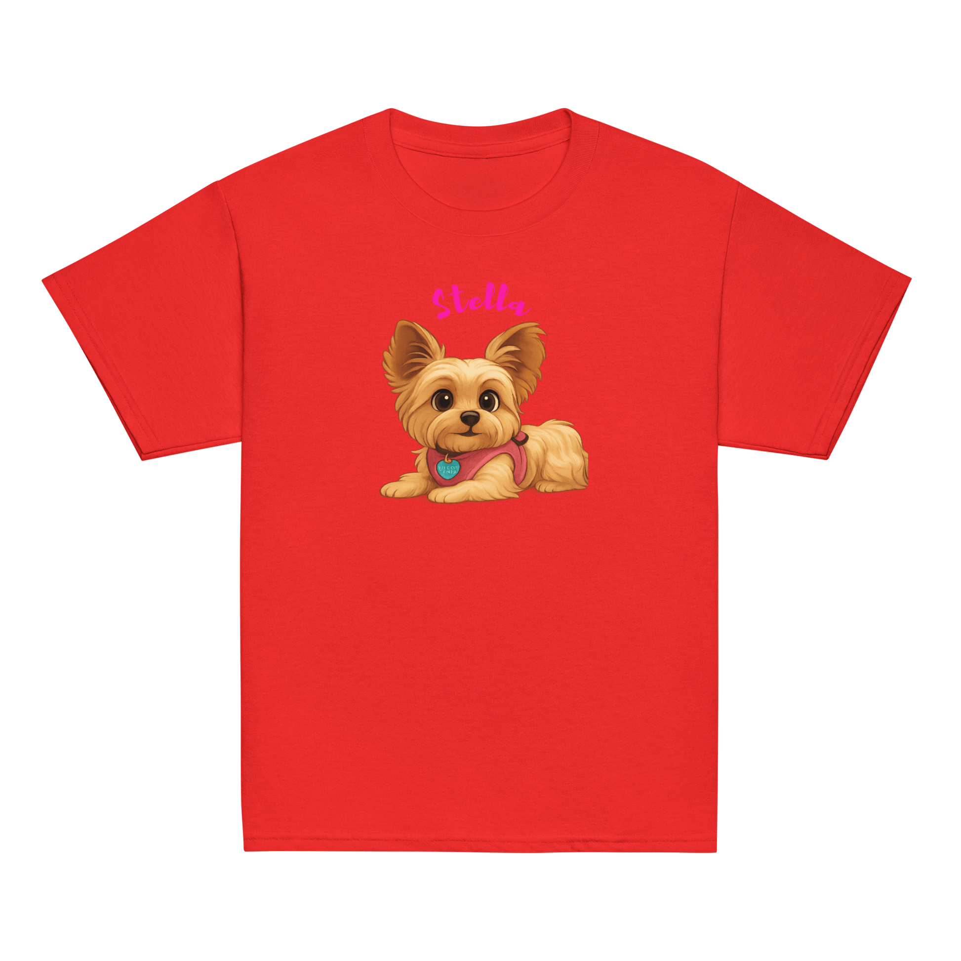 Personalized red kid's shirt featuring a cartoon illustration of a pet named Stella.
