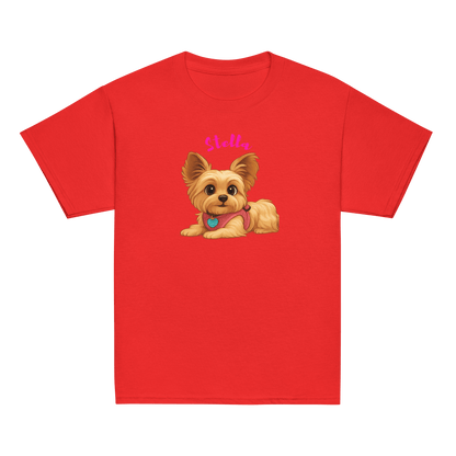 Personalized red kid's shirt featuring a cartoon illustration of a pet named Stella.
