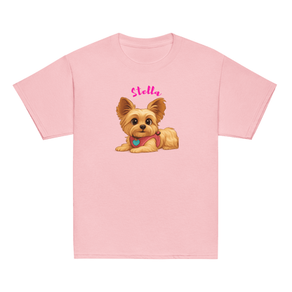 Personalized pink youth shirt featuring cartoon dog illustration with name "Stella" for kids.
