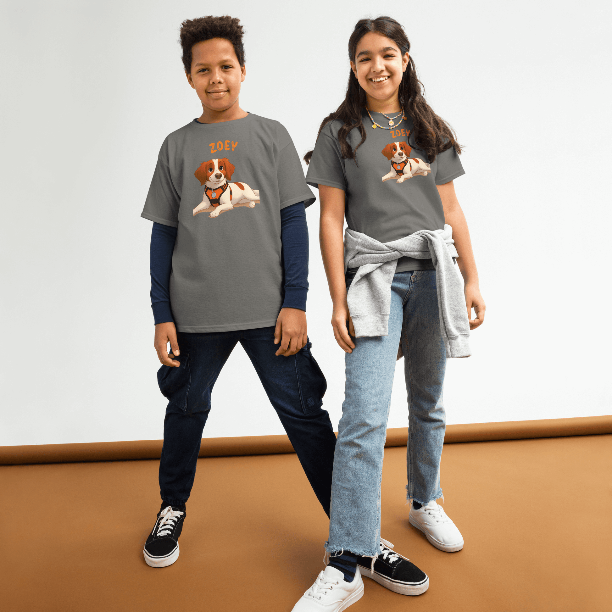 Kids wearing Personalized Cartoon Pet Shirts featuring a cute dog illustration and custom names.