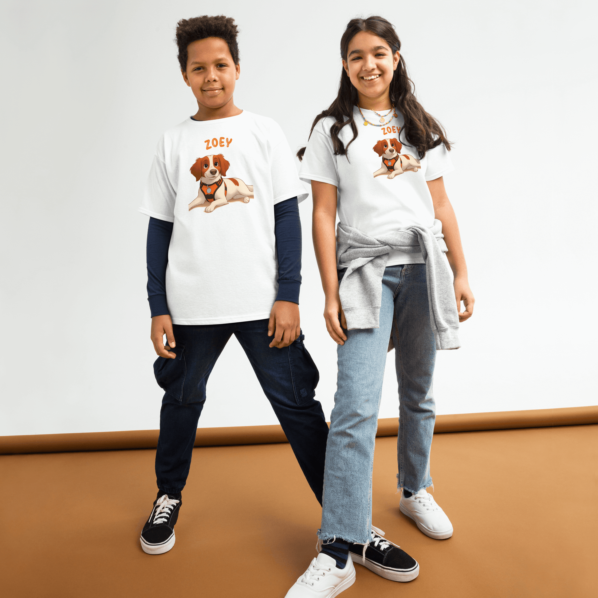 Kids wearing personalized Cartoon Pet Shirts featuring a cartoon dog named Zoey, perfect for young animal lovers.