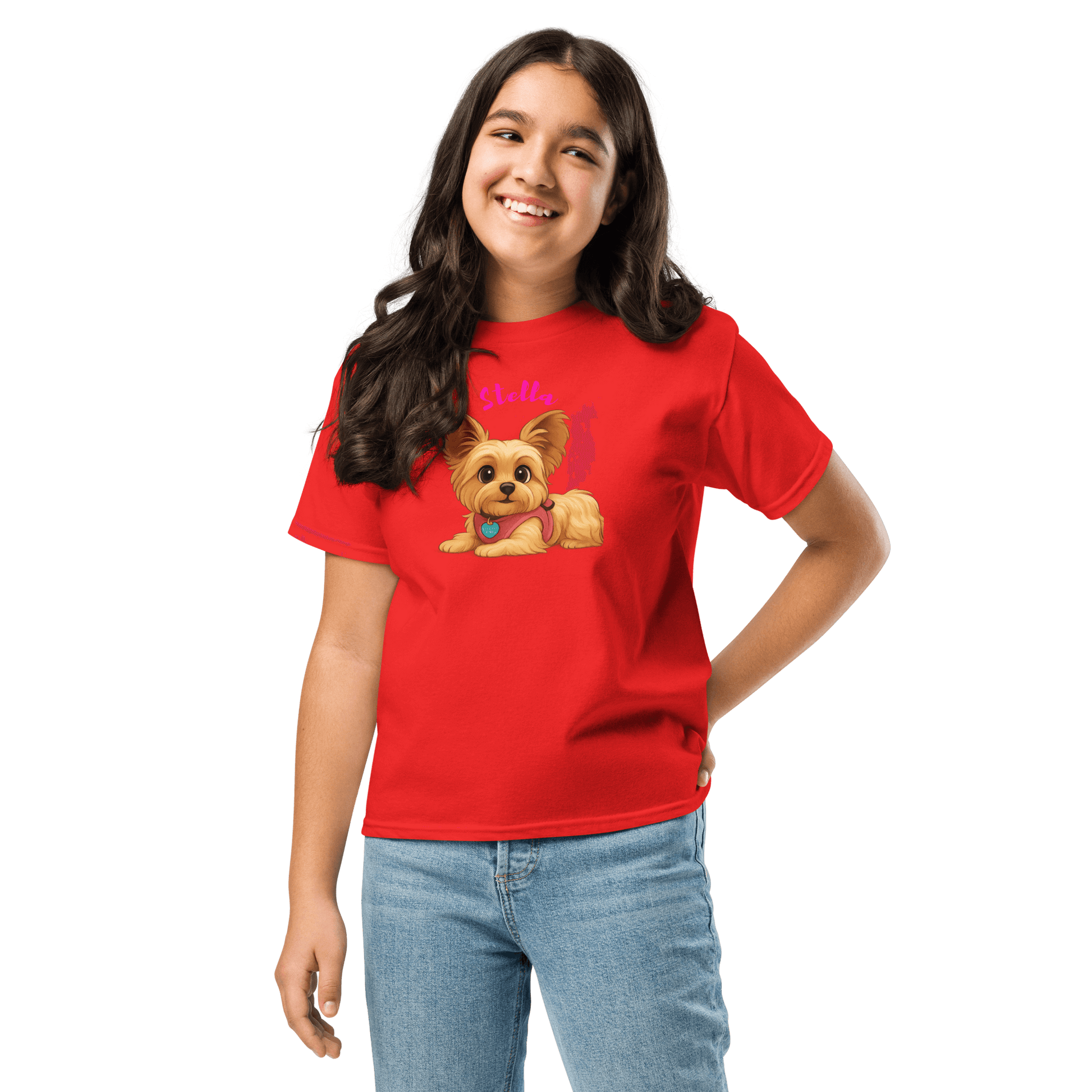 Girl wearing a red personalized cartoon pet shirt featuring an illustration of a playful dog named Stella.
