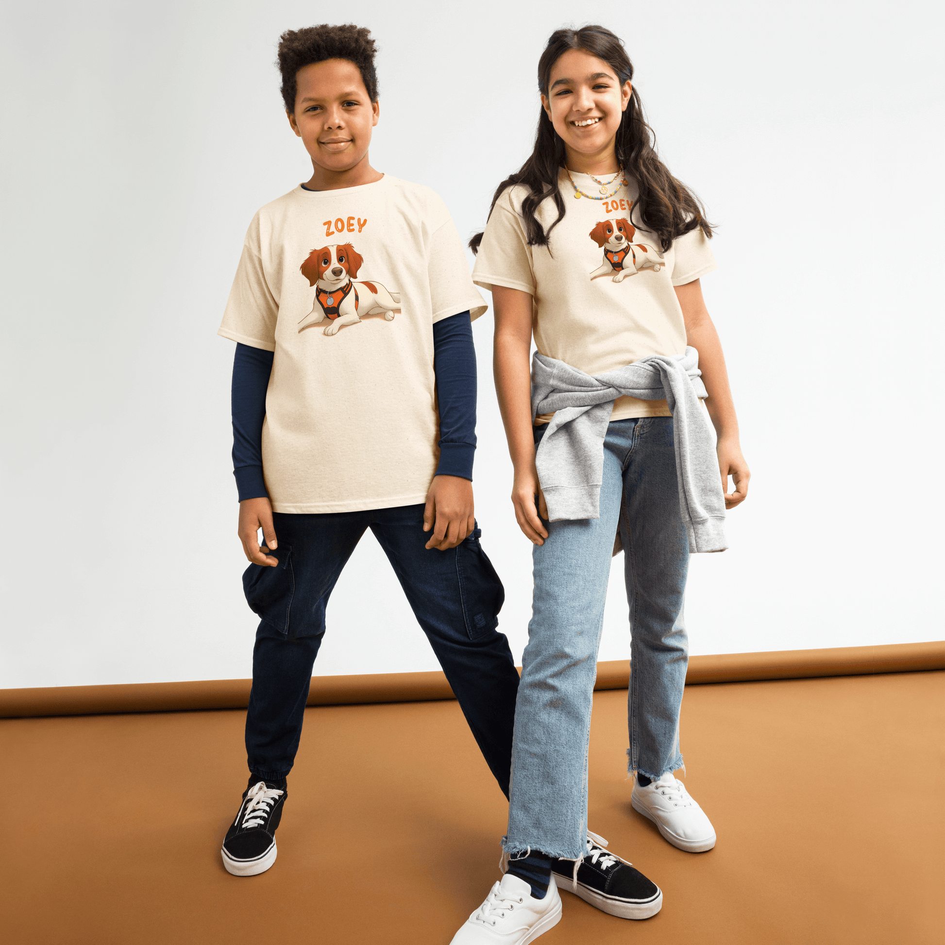 Kids wearing Personalized Cartoon Pet Shirts featuring a playful dog illustration and custom names.