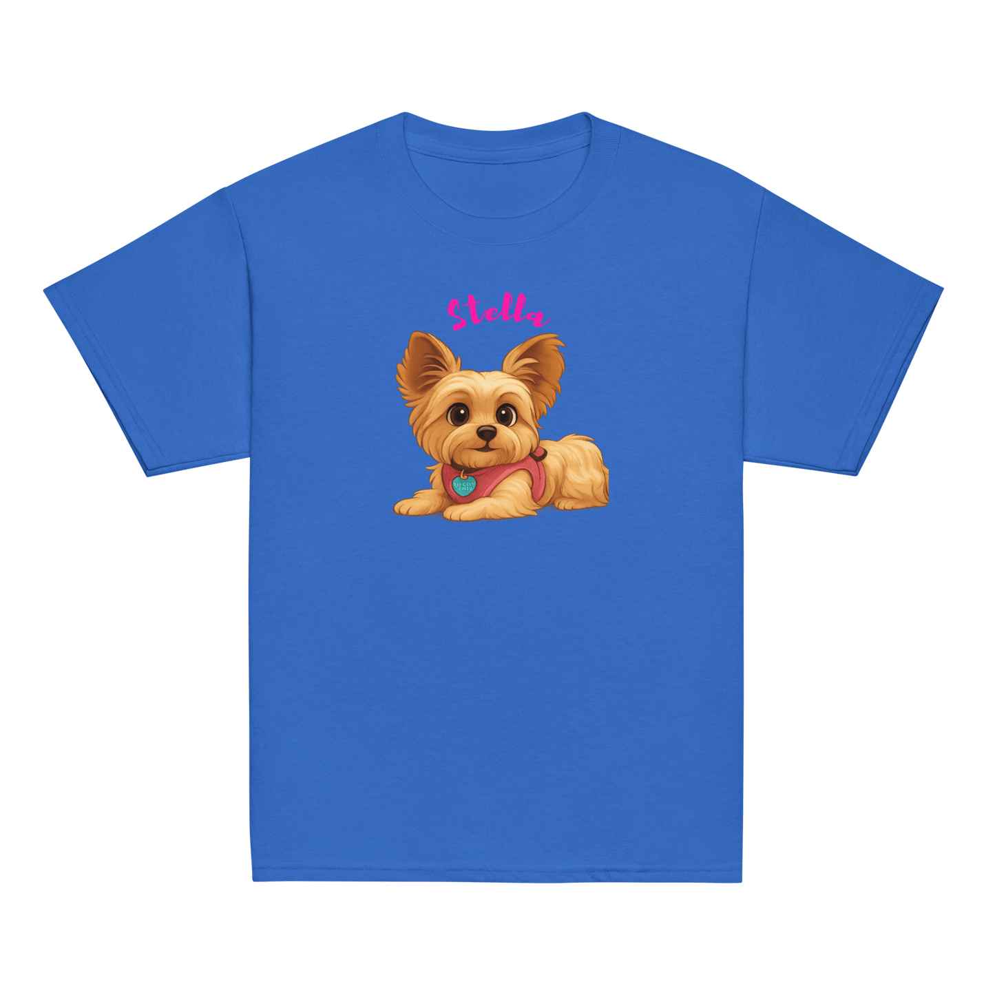 Personalized cartoon pet shirt for kids featuring a cute dog illustration and custom name 'Stella'.