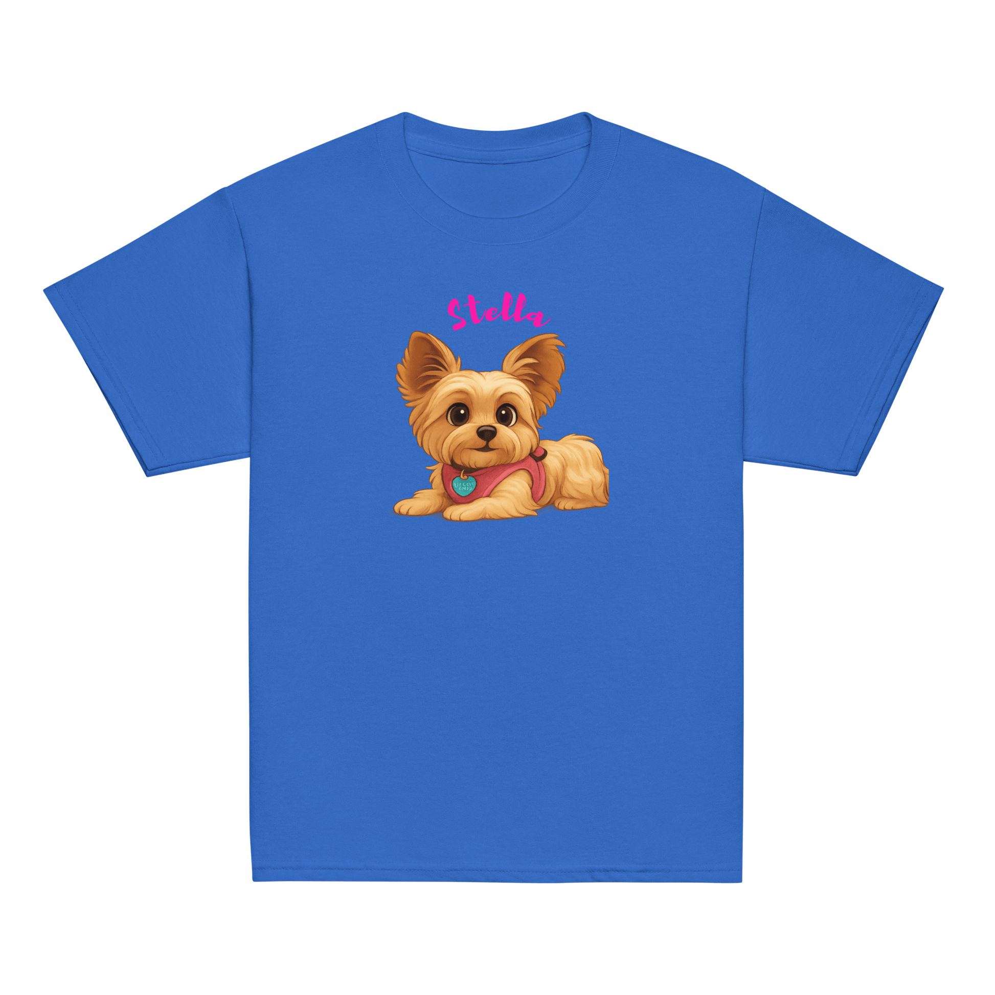 Personalized cartoon pet shirt for kids featuring a cute dog illustration and custom name 'Stella'.