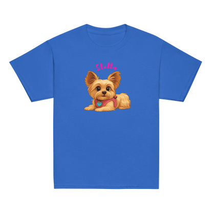 Personalized cartoon pet shirt for kids featuring a cute dog illustration and custom name 'Stella'.