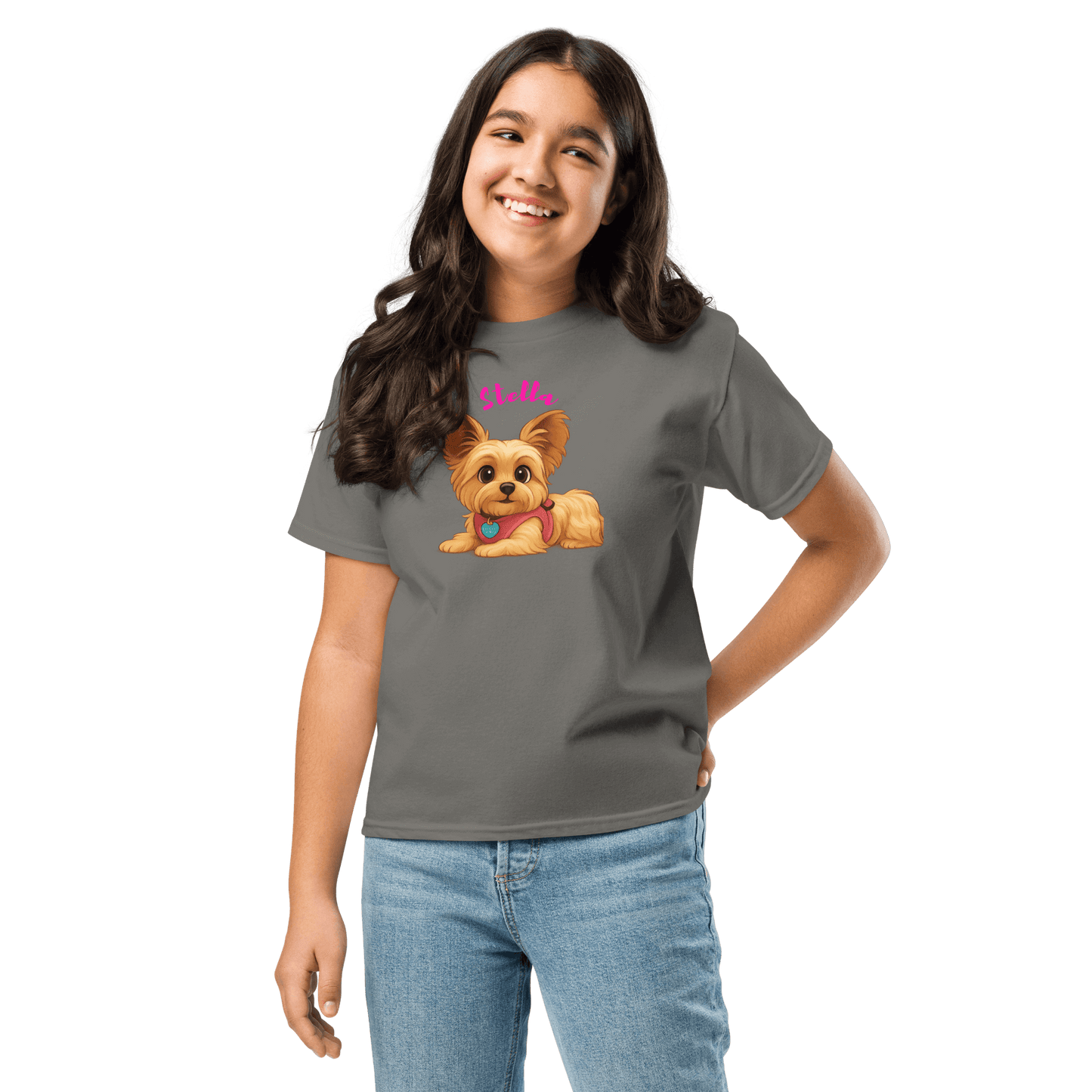 Happy girl wearing a personalized cartoon pet shirt featuring a cute dog illustration and her pet's name.