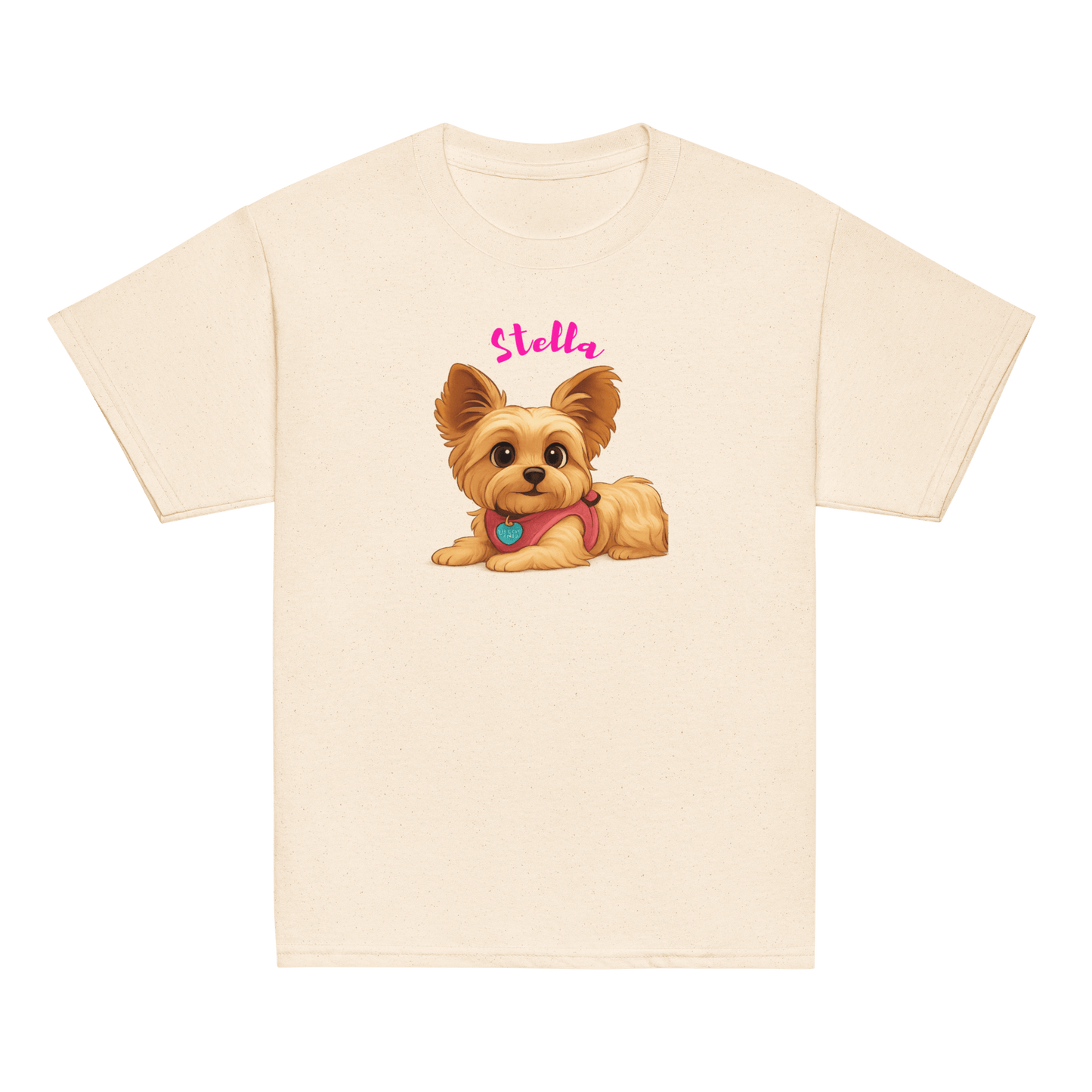 Personalized youth tee featuring a cartoon illustration of a dog named Stella.