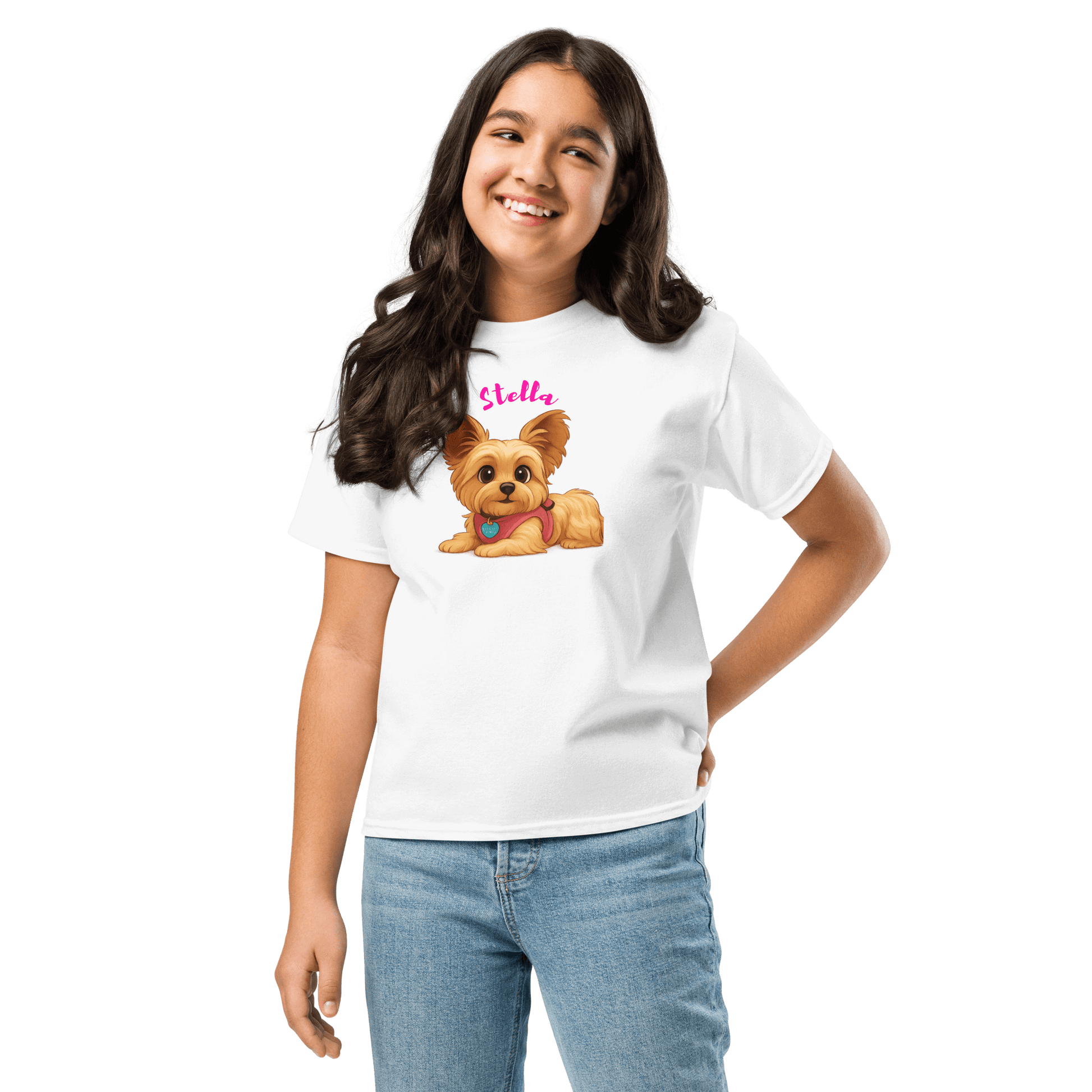 Girl wearing a personalized cartoon pet shirt featuring a cute dog illustration and custom name 'Stella'.