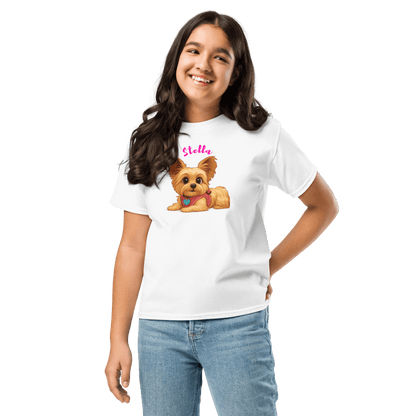 Girl wearing a personalized cartoon pet shirt featuring a cute dog illustration and custom name 'Stella'.