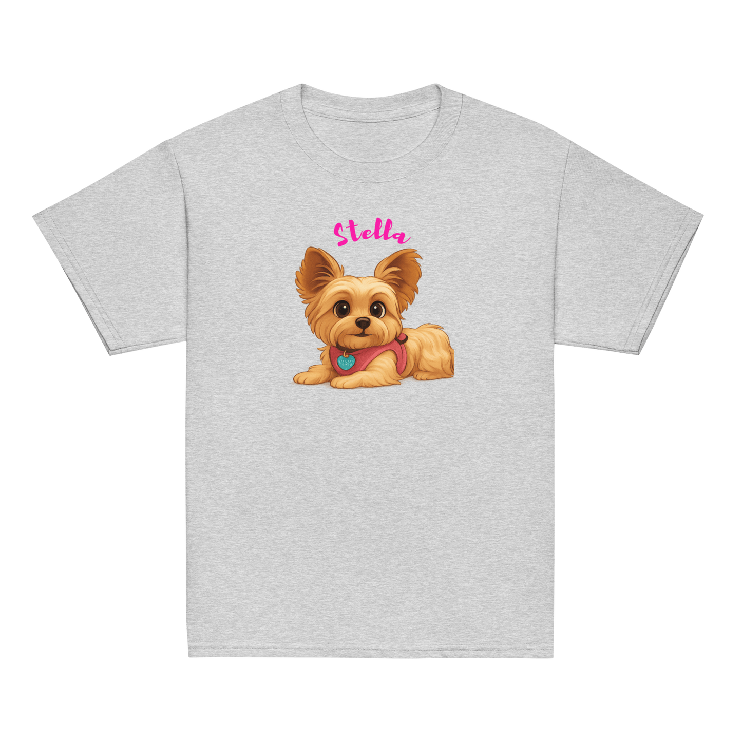 Personalized cartoon pet shirt for kids featuring a cute dog illustration with the name Stella.
