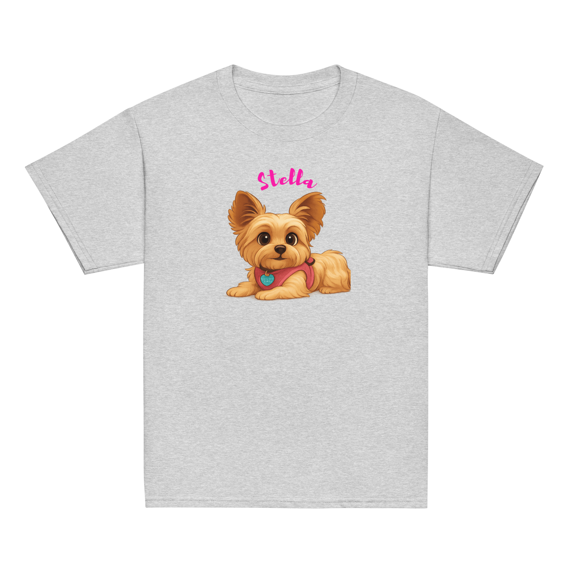 Personalized cartoon pet shirt for kids featuring a cute dog illustration with the name Stella.