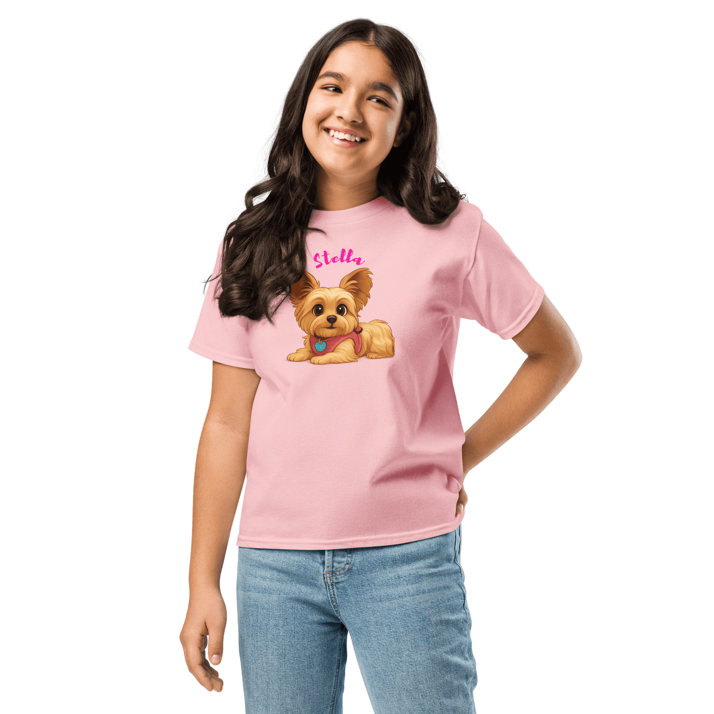 Cute girl wearing a pink personalized cartoon pet shirt featuring a dog and custom name Stella.