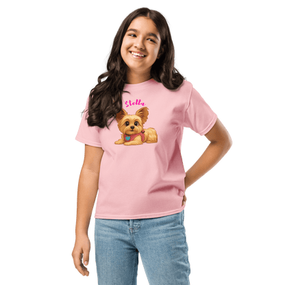 Cute girl wearing a pink personalized cartoon pet shirt featuring a dog and custom name Stella.