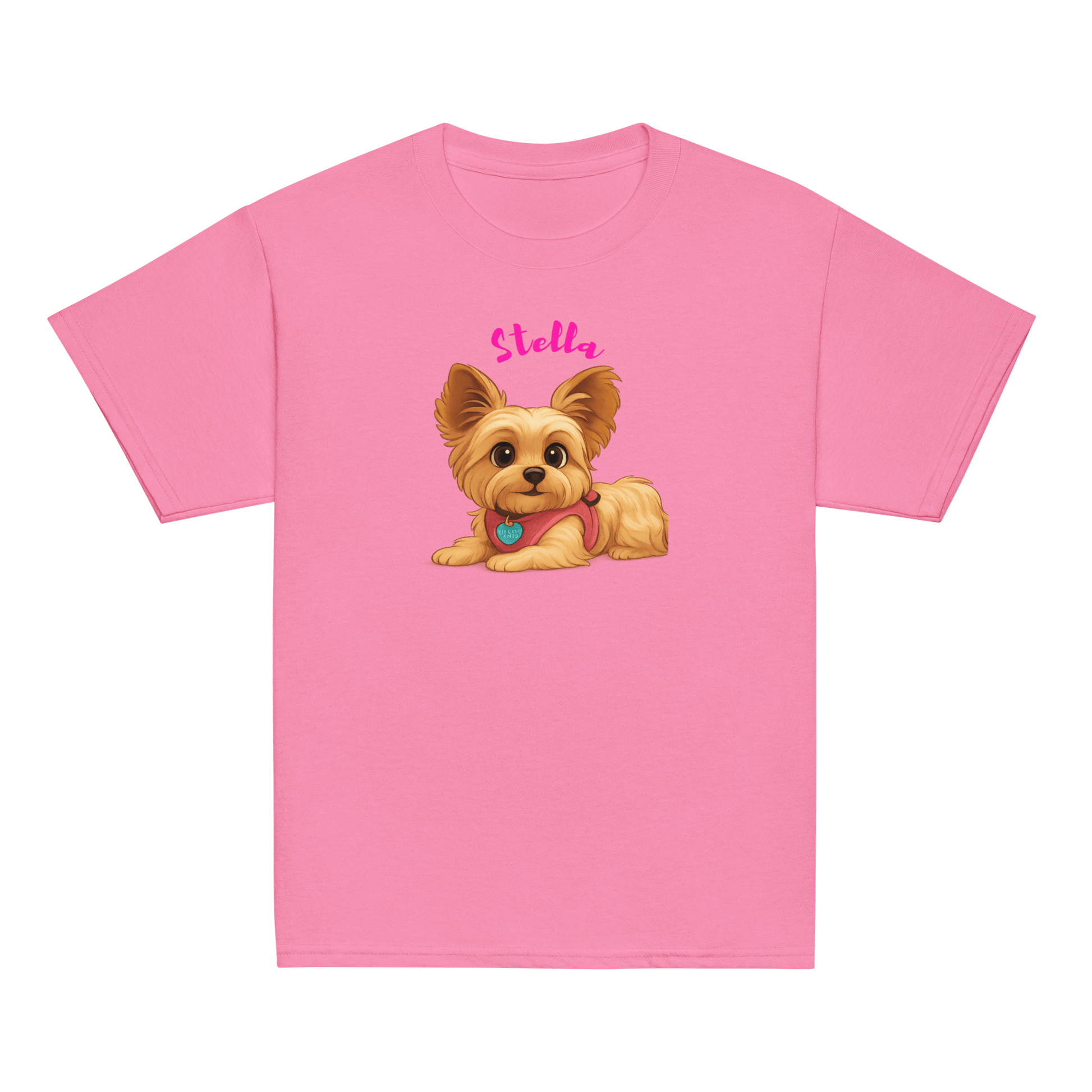 Personalized pink youth shirt featuring a cartoon illustration of a dog named Stella.