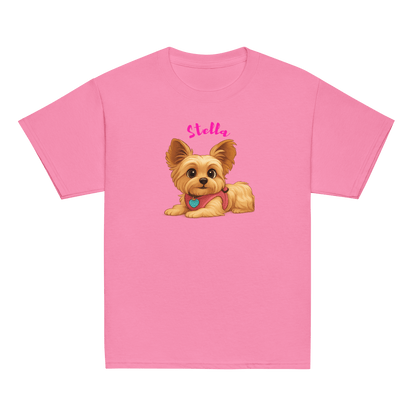 Personalized pink youth shirt featuring a cartoon illustration of a dog named Stella.