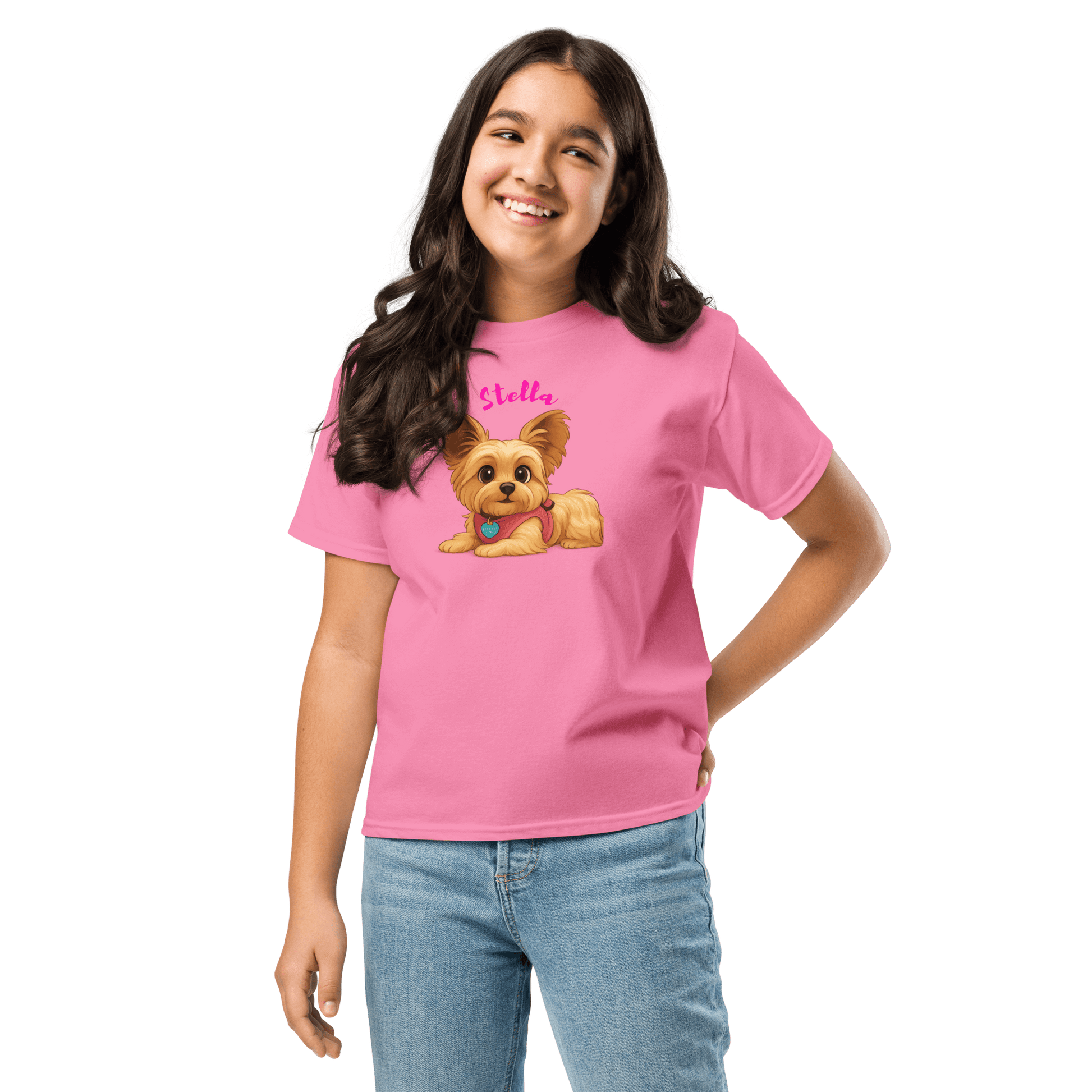 Girl wearing a pink personalized cartoon pet shirt featuring a cute dog illustration with the name Stella.