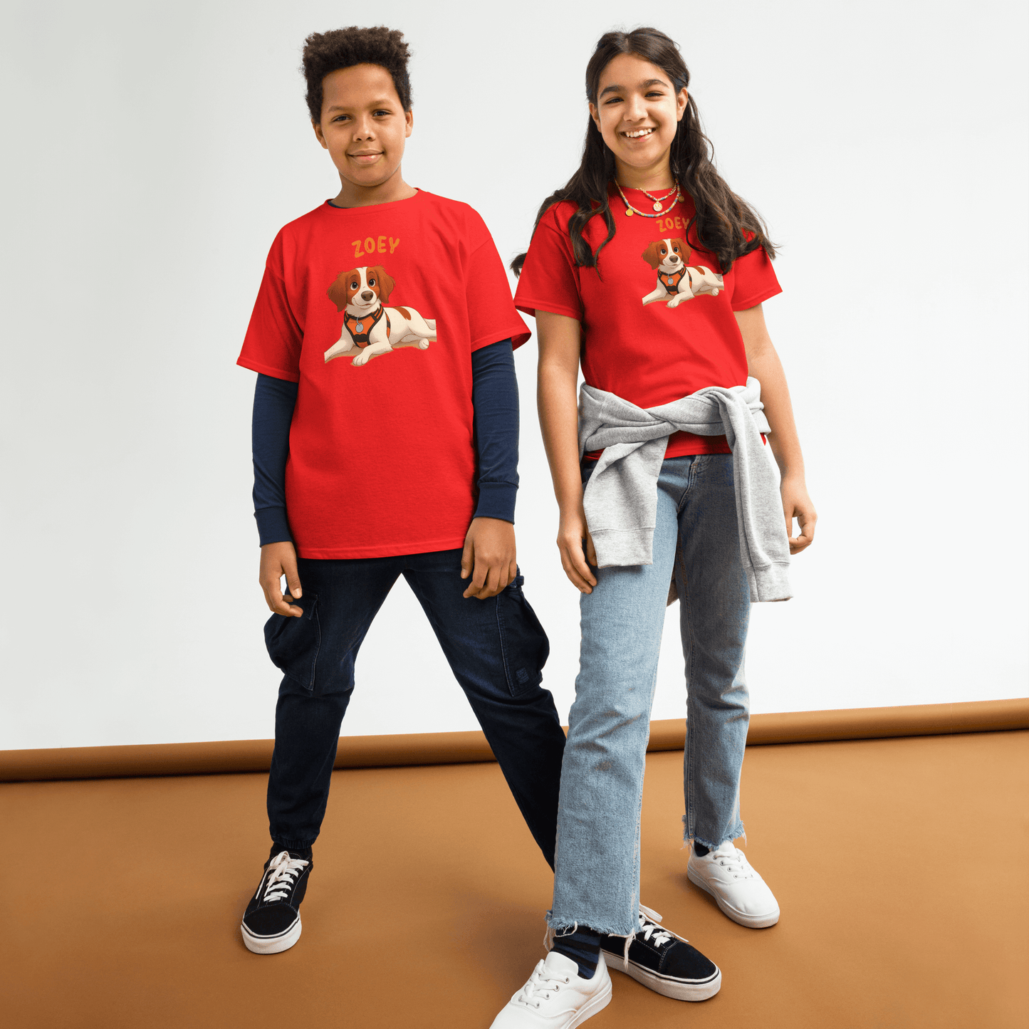 Kids wearing personalized cartoon pet shirts featuring a cartoon dog illustration and the name 'Zoey'.