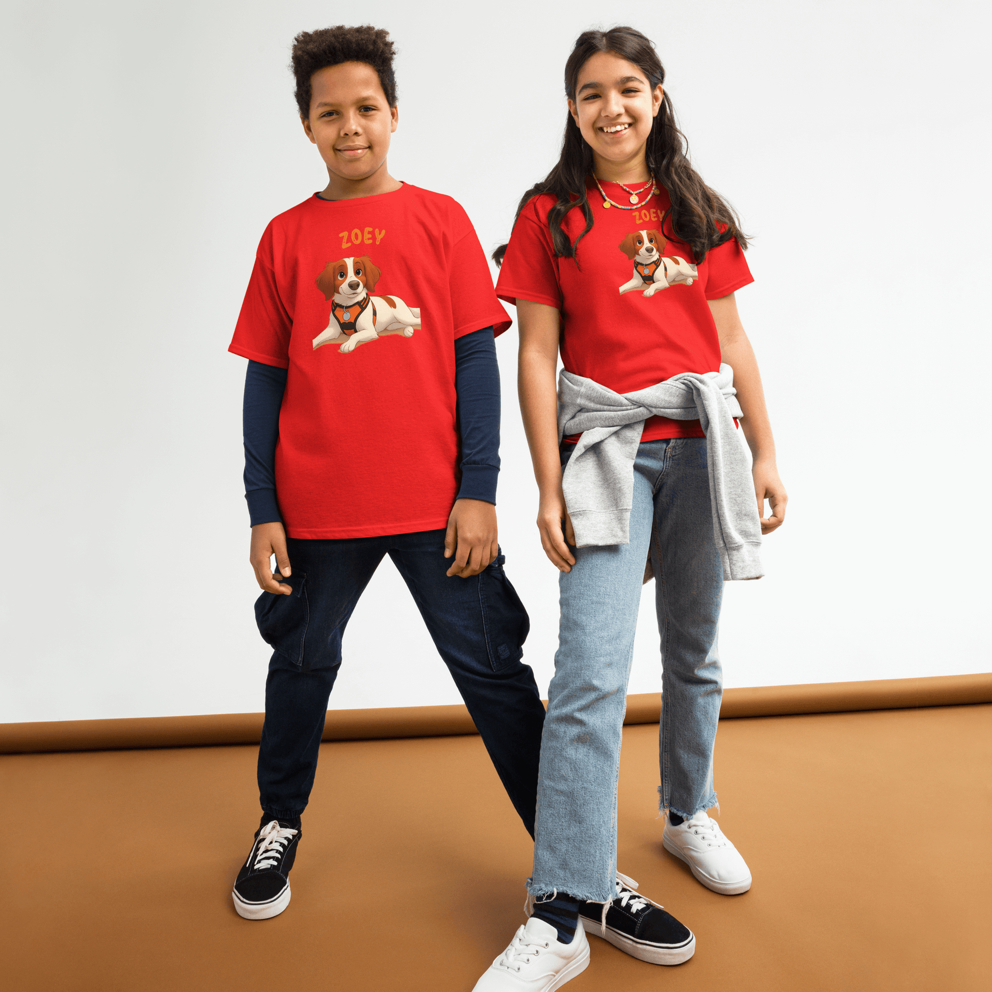 Kids wearing personalized cartoon pet shirts featuring a cartoon dog illustration and the name 'Zoey'.