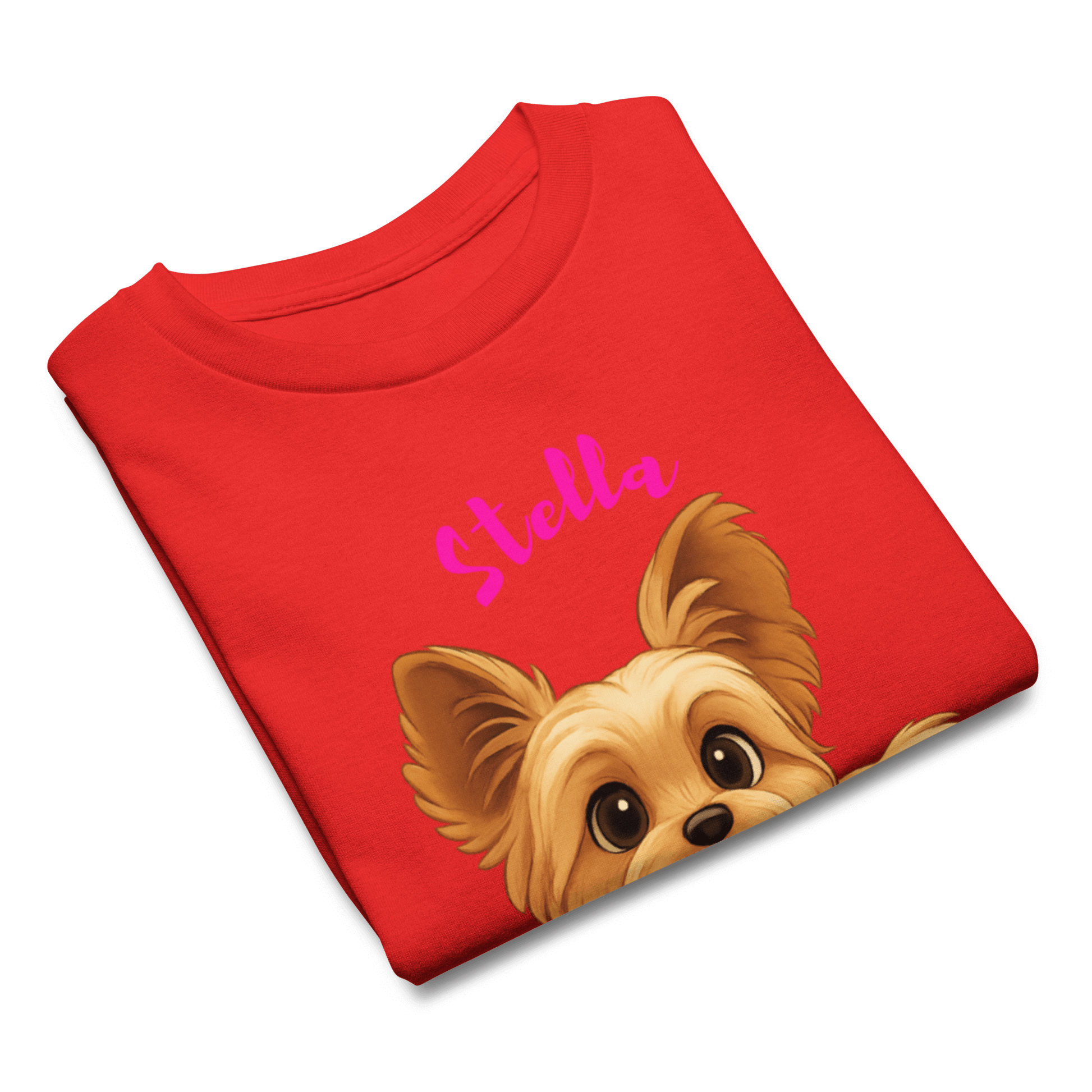 Personalized red youth shirt featuring cartoon dog illustration and name Stella, perfect for kids.