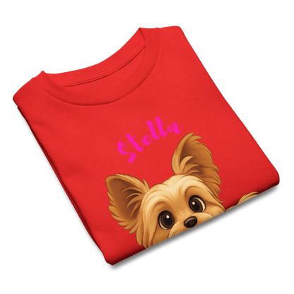 Personalized red youth shirt featuring cartoon dog illustration and name Stella, perfect for kids.