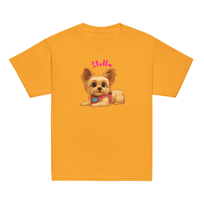 Personalized yellow kids shirt featuring cartoon dog illustration and custom name Stella.