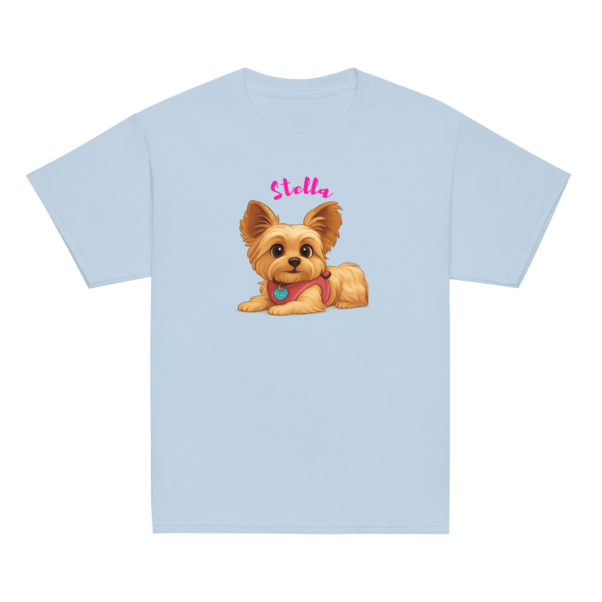 Personalized cartoon pet shirt for kids featuring a cute illustrated dog named Stella, perfect for adventures.