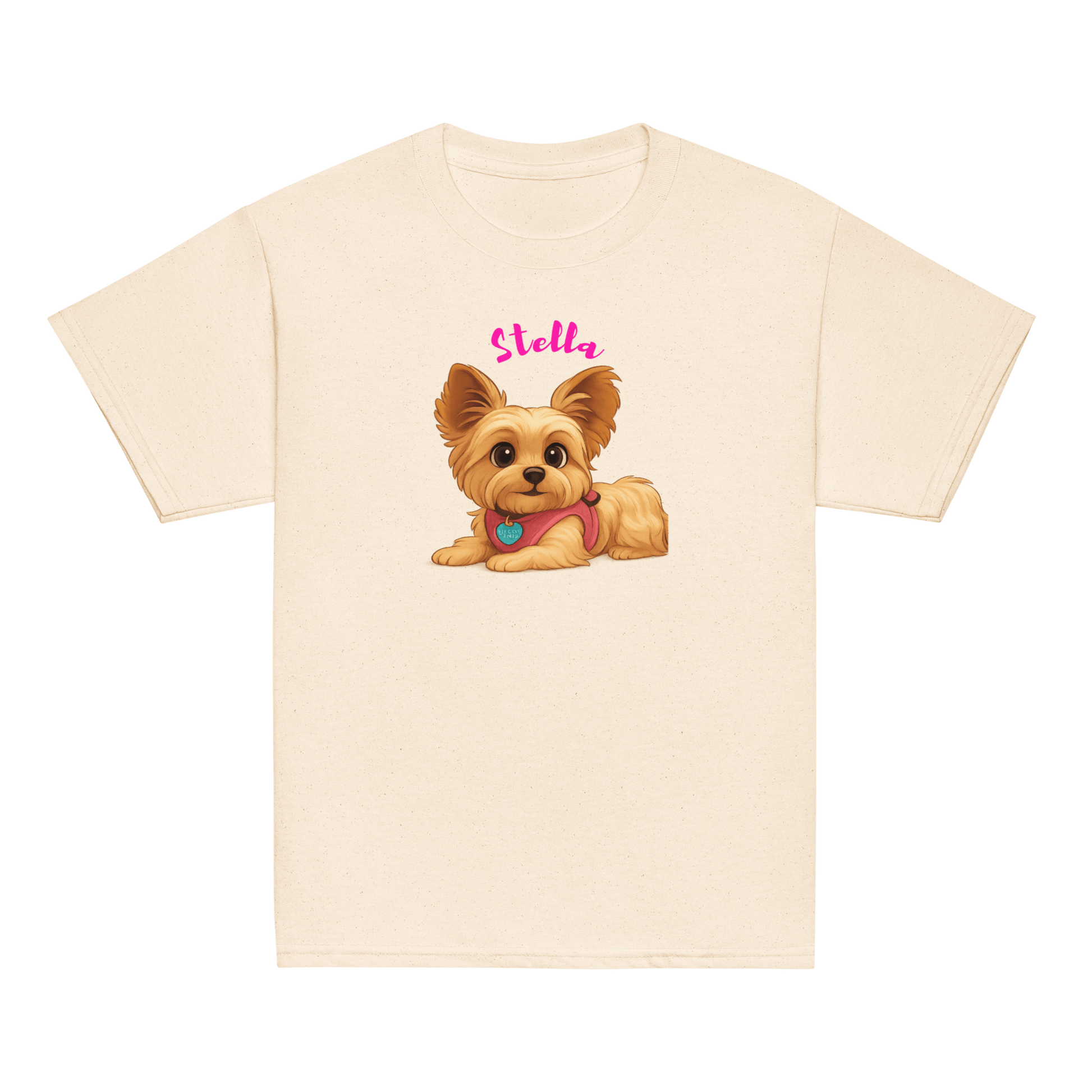 Personalized kids shirt featuring cartoon dog illustration named Stella on a soft youth tee.