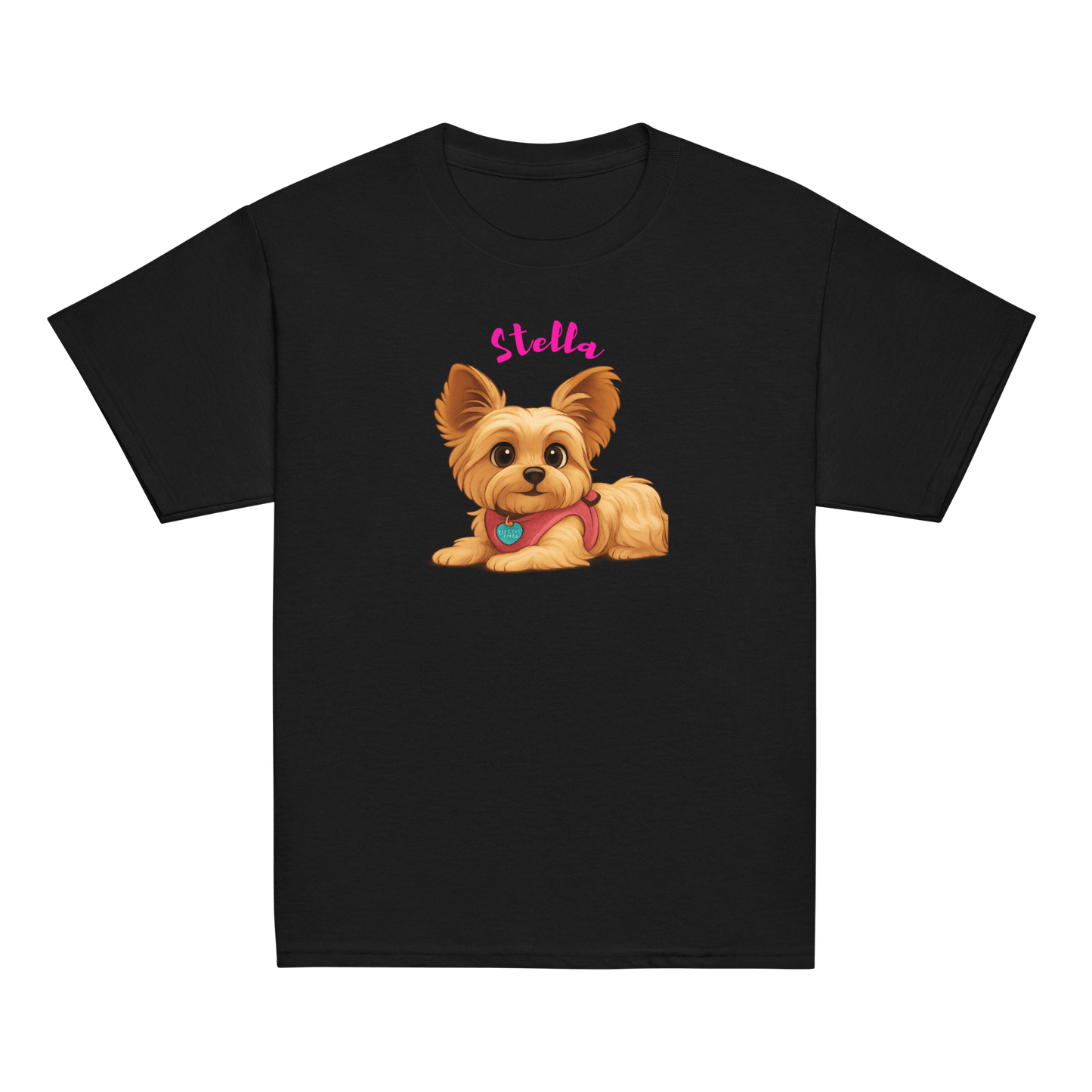 Personalized cartoon pet shirt for kids featuring a cute dog illustration and the name Stella.