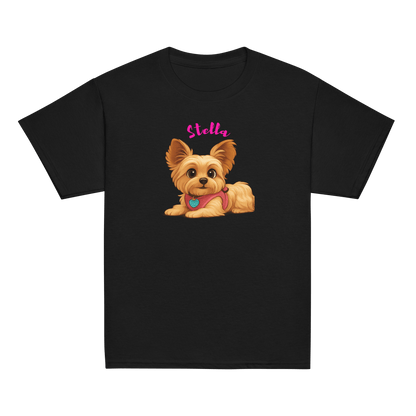 Personalized cartoon pet shirt for kids featuring a cute dog illustration and the name Stella.