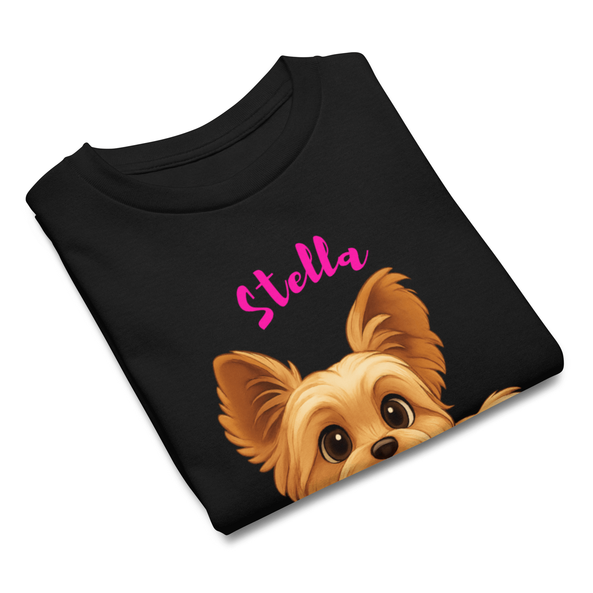 Personalized kids shirt featuring cartoon pet illustration of a dog named Stella in playful font.