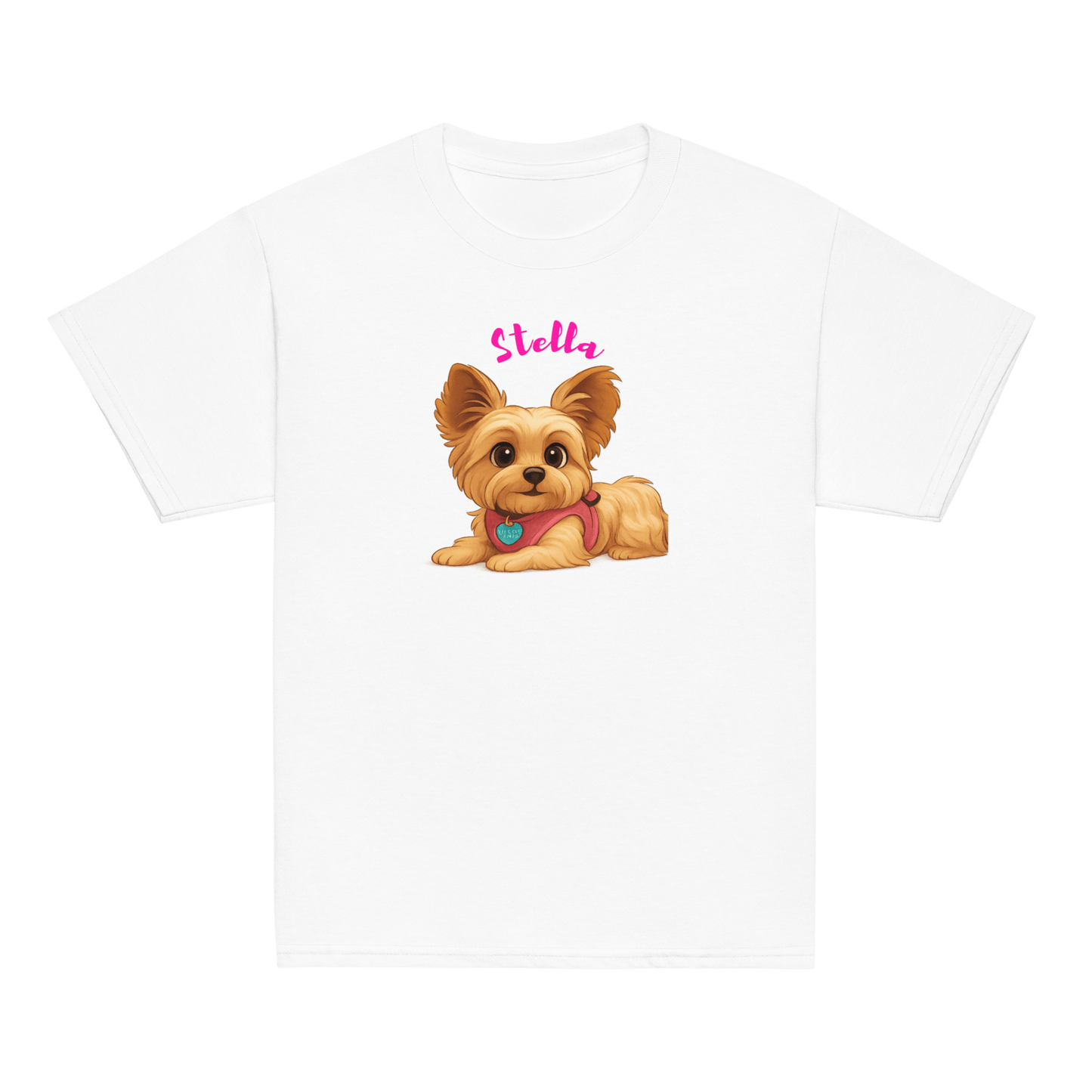 Personalized kids' t-shirt with cartoon illustration of a dog named Stella, featuring a playful pink name design.