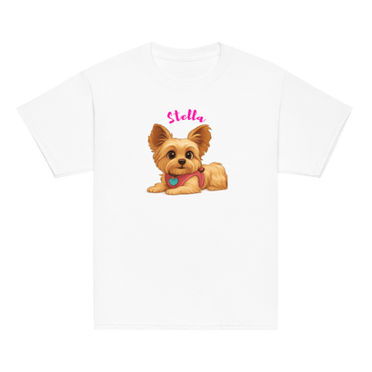 Personalized kids' t-shirt with cartoon illustration of a dog named Stella, featuring a playful pink name design.