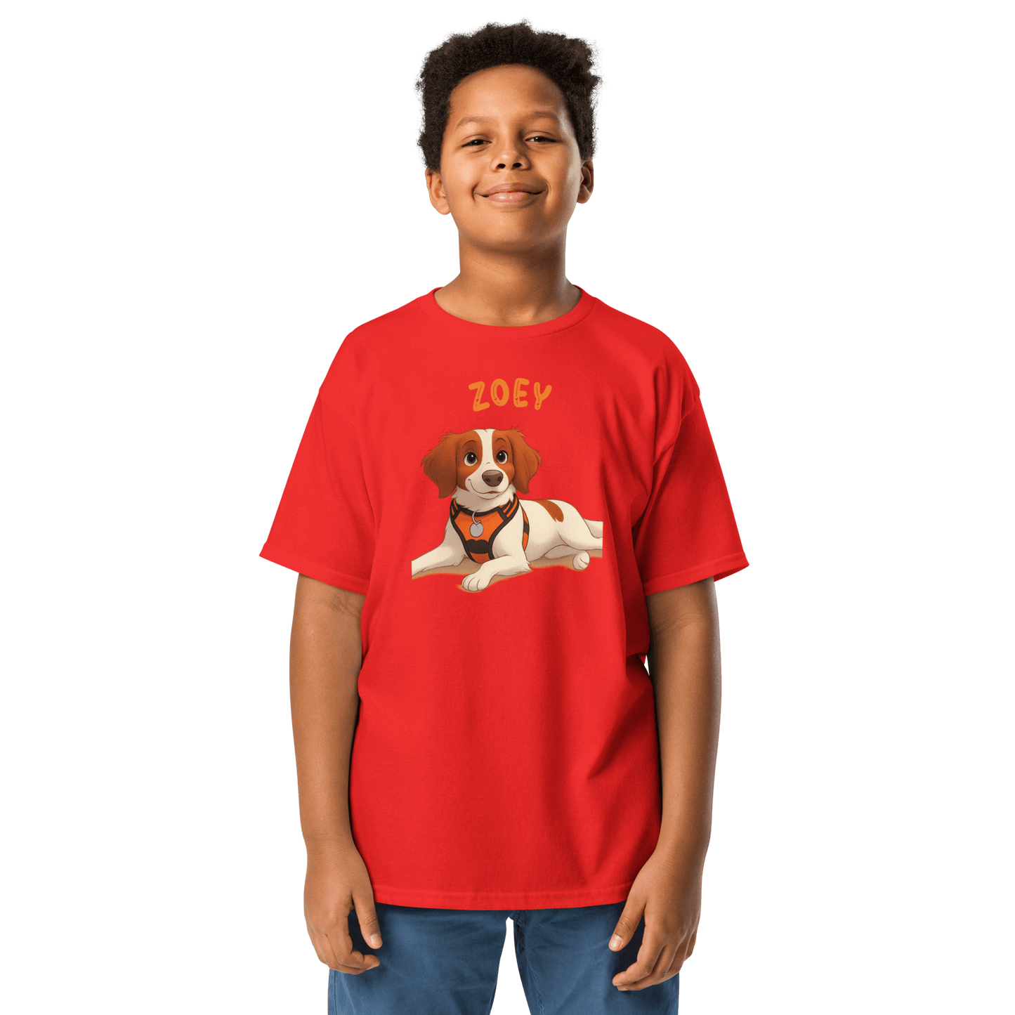 Child wearing a red Personalized Cartoon Pet Shirt featuring a cartoon dog named Zoey, perfect for kids.