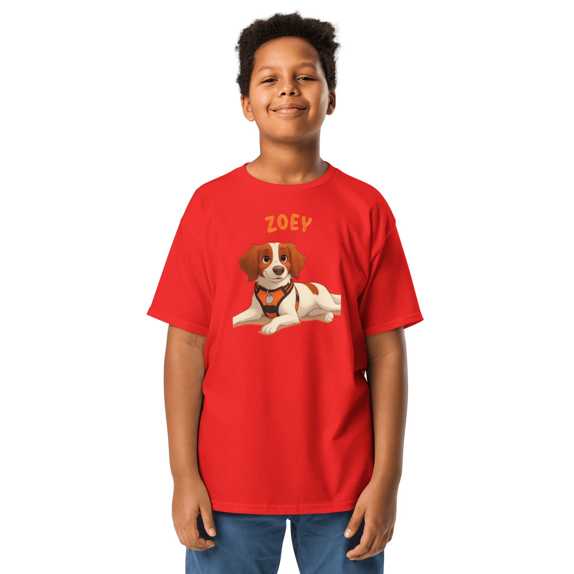 Child wearing a red Personalized Cartoon Pet Shirt featuring a cartoon dog named Zoey, perfect for kids.