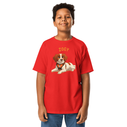 Child wearing a red Personalized Cartoon Pet Shirt featuring a cartoon dog named Zoey, perfect for kids.