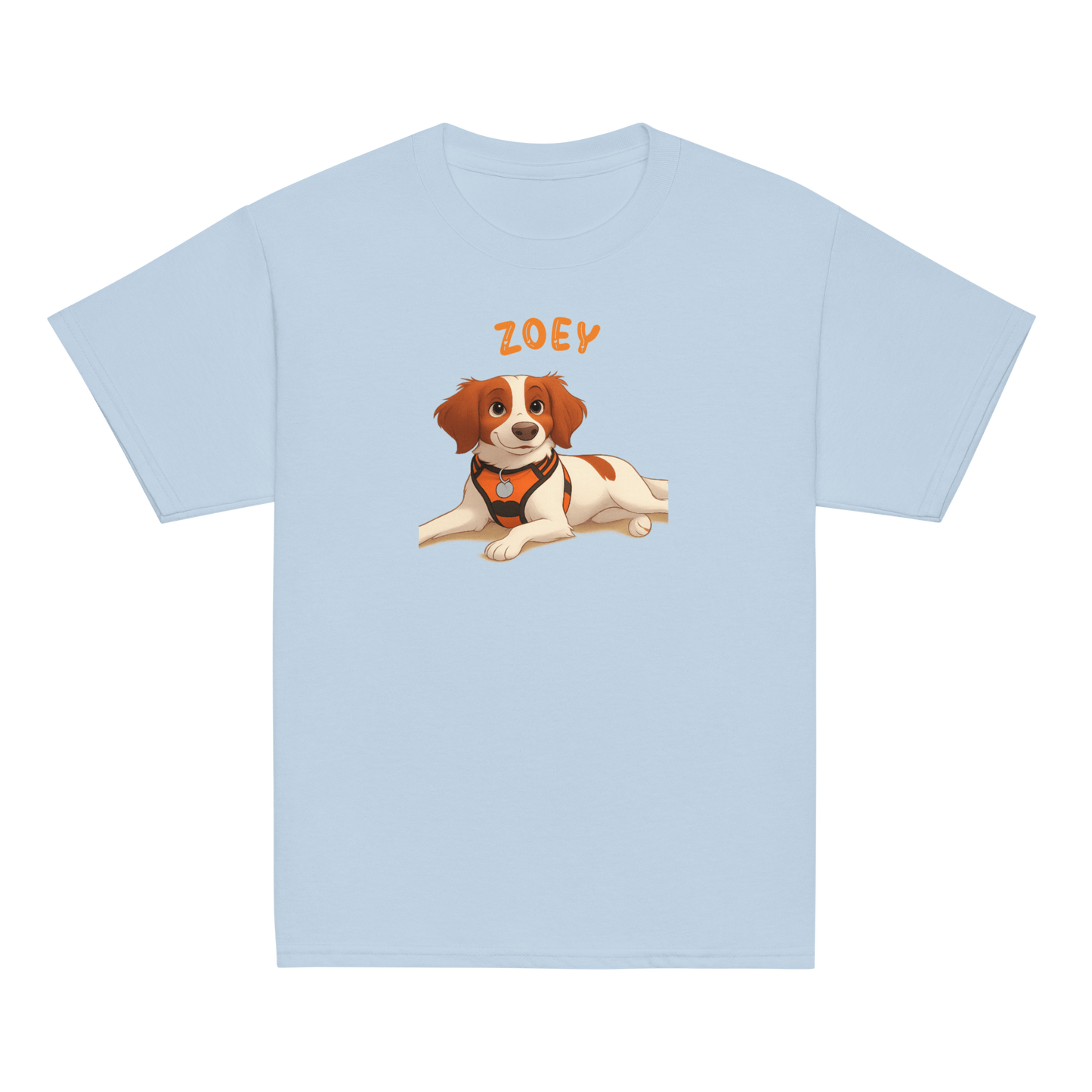 Personalized cartoon pet shirt for kids featuring a dog illustration and custom name 'Zoey' on a light blue tee.