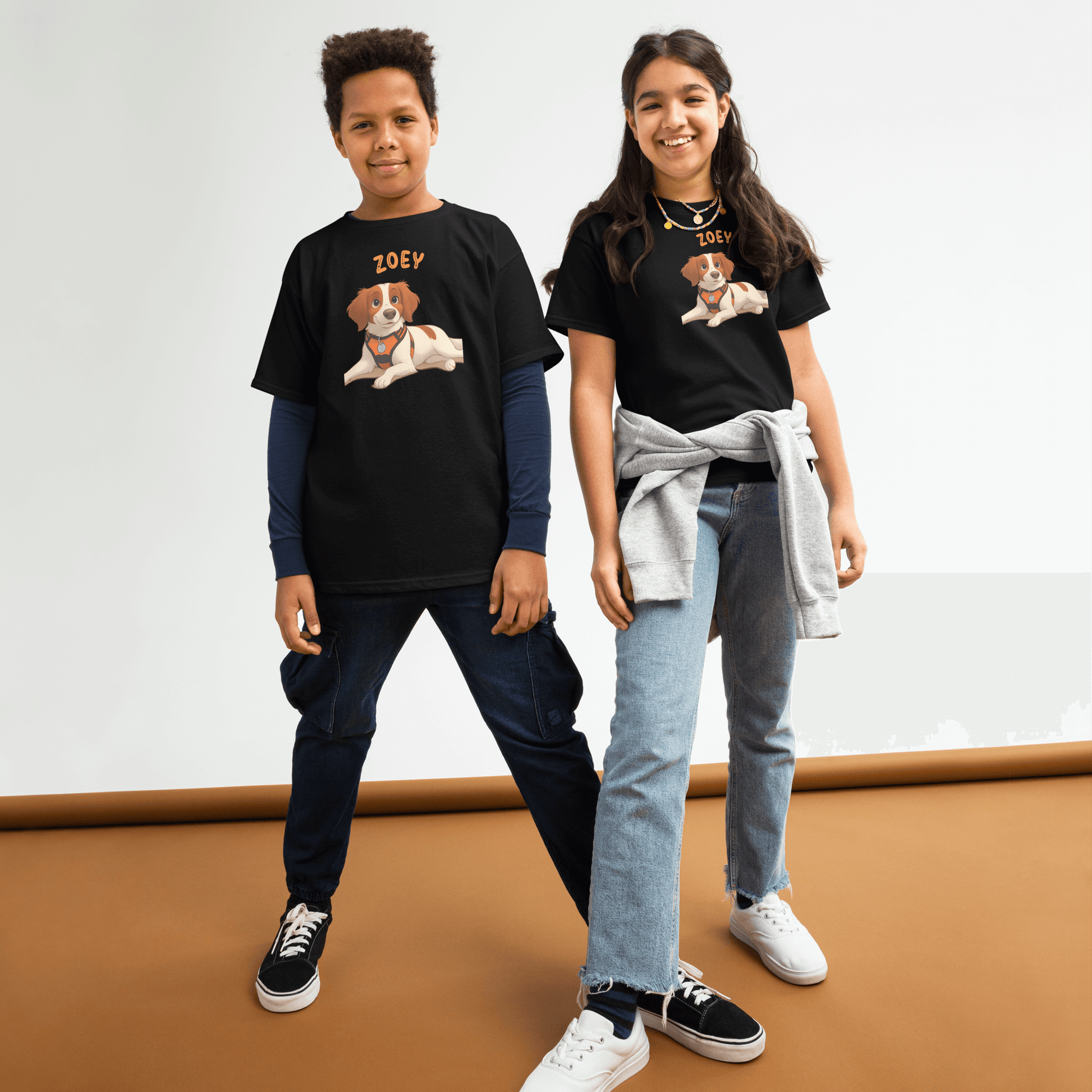 Kids wearing personalized cartoon pet shirts featuring a cute dog illustration and the name 'Zoey'.